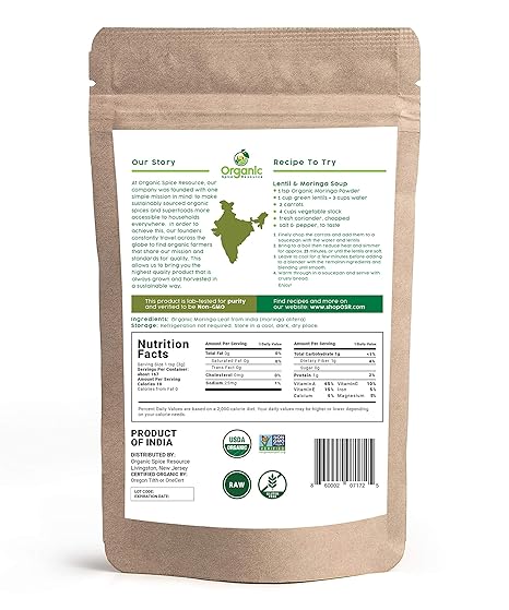 Organic Moringa Powder 1.10 lbs 17.64 oz USDA Organic Non-GMO Gluten-Free Kosher Halal Certified 100% Raw Natural Moringa Oleifera Leaf Powder Resealable Kraft Bag