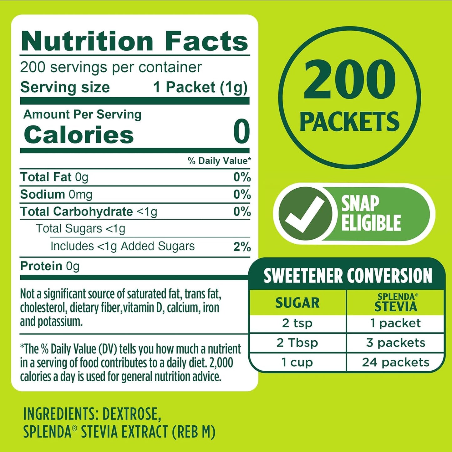 SPLENDA Stevia Zero Calorie Sweetener 200 Count – Sugar Substitute Granules, Gluten-Free, US Grown Stevia, Great Tasting with No Bitter Aftertaste, Ideal for Beverages & Recipes